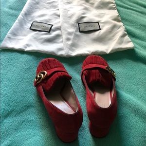 Gucci marmont suede fringe mid heel pumps
